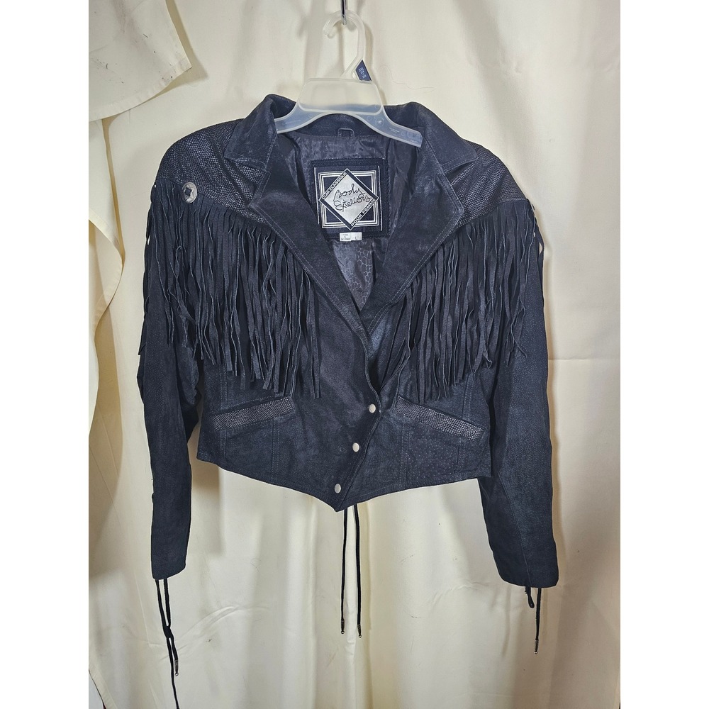 Body Exteriors Cuir Classique Black Leather Fringe Western Concho Jacket Large